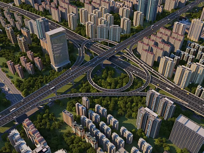 Urban Aerial View of Modern Overpass with High Rise Buildings and Greenery 3d model