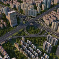 Urban Aerial View of Modern Overpass with High Rise Buildings and Greenery