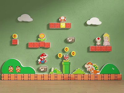 Mario Themed Bedroom Accent Wall With Game Characters And Clouds 3d model