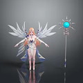 Angelic Winged Character with Pink Hair and White Feathers Holding Magic Staff Blue Orb
