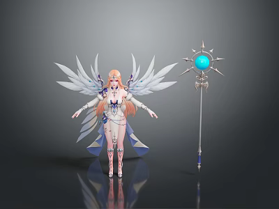 Angelic Winged Character with Pink Hair and White Feathers Holding Magic Staff Blue Orb 3d model