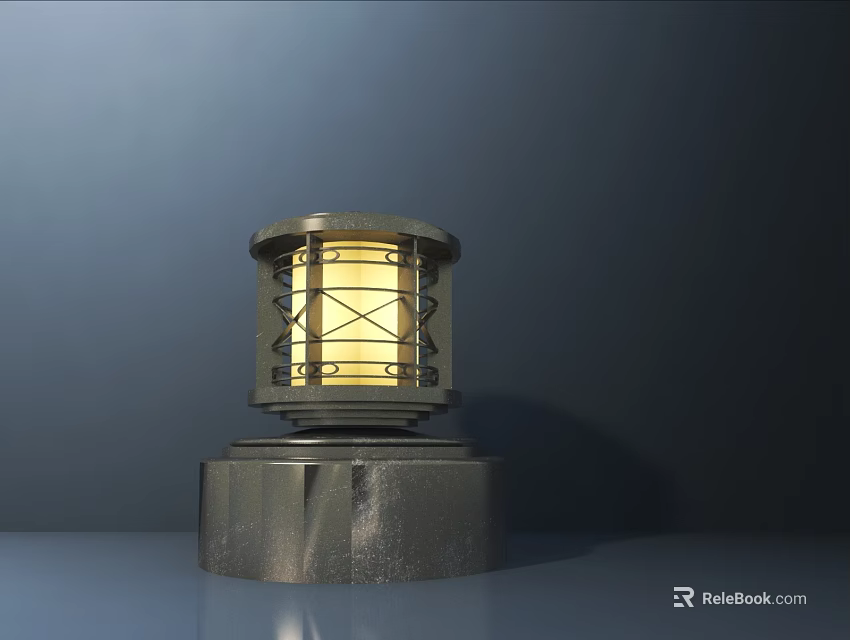 Vintage Outdoor Light With Metal Grid Shade Sturdy Base And Warm Yellow Glow 3d model 