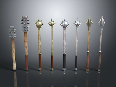 Various Long Handled Weapons Featuring Spiked Spherical And Pointed Heads With Wooden And Metal Handles 3d model
