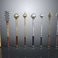 Various Long Handled Weapons Featuring Spiked Spherical And Pointed Heads With Wooden And Metal Handles