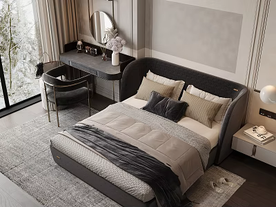 Modern Bedroom Interior Design With Gray Headboard Floor to Ceiling Windows and Dressing Table 3d model