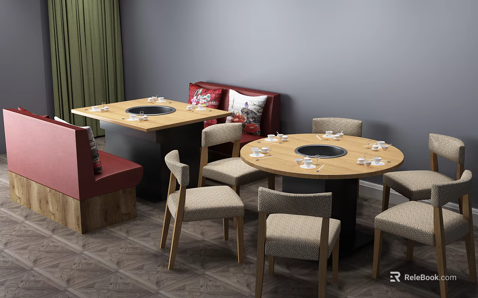 Round Dining Table Set With Red Sofa Booths And Gray Walls Green Curtains 3d model 