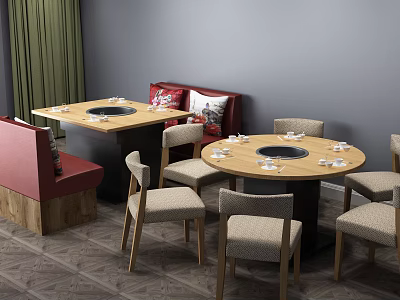 Round Dining Table Set With Red Sofa Booths And Gray Walls Green Curtains 3d model
