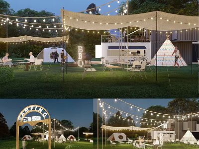 Cozy Outdoor Garden Decor with String Lights Canopy Teepee Tents and Tables for Evening Gathering 3d model