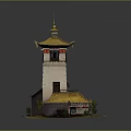 Cartoon Scene Featuring Chinese Pagoda with Golden Roof White Walls Small Buildings and Plants