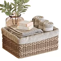 Bathroom Accessories With Wicker Basket Towels Skincare Products And Plant