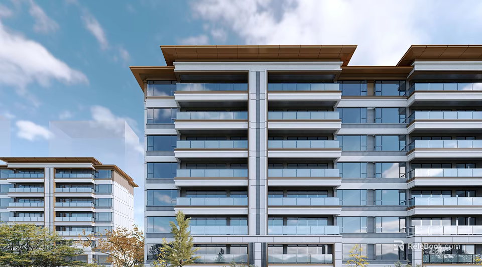 Modern High Rise Building With Glass Curtain Walls Balconies And Brown Roof Design 3d model 