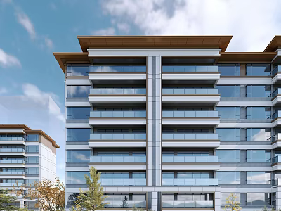 Modern High Rise Building With Glass Curtain Walls Balconies And Brown Roof Design 3d model