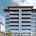 Modern High Rise Building With Glass Curtain Walls Balconies And Brown Roof Design
