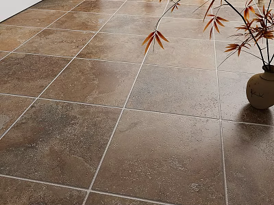 Warm Brown Textured Tiled Floor With Stone Like Finish And Decorative Plant In Ceramic Vase 3d model