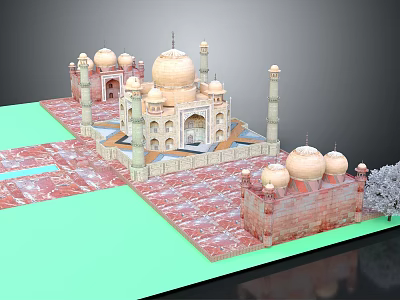 Taj Mahal Architecture with White Domes Minarets and Marble Flooring 3d model