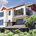 Modern Two Story Detached Villa With Large Windows Brown Door And Green Garden