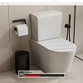 White Modern Toilet with Toilet Paper Holder and Black Trash Bin in Contemporary Bathroom Interior