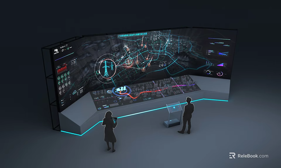 Large Interactive Control Center Screen With Real Time Data Visualization And Operators 3d model 