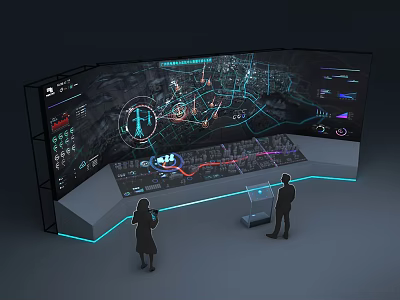 Large Interactive Control Center Screen With Real Time Data Visualization And Operators 3d model