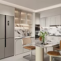 Modern Kitchen Interior With White Cabinets Marble Wall Countertop And Built In Ovens Blinds