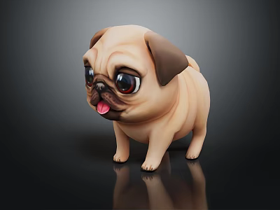 Adorable Light Brown Pug With Big Eyes Standing On Black Reflective Surface And Tongue Out 3d model