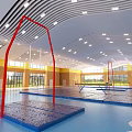 Spacious Indoor Sports Fitness Gym With Blue Mats And Balance Beams
