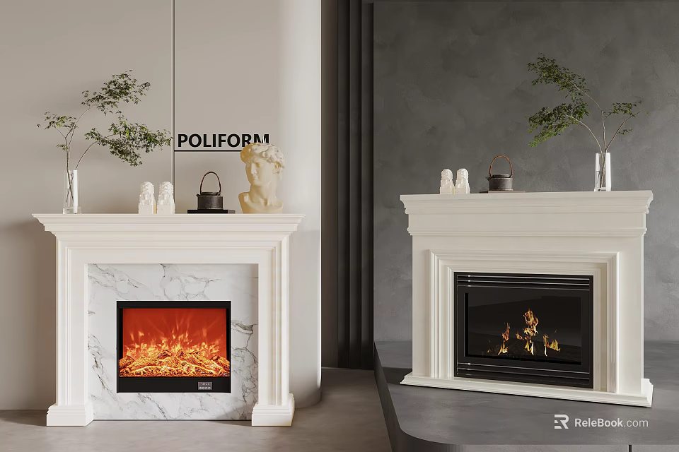 White Marble Fireplace Interior Featuring Decorative Vases Figurines And Realistic Flames 3d model 