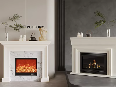White Marble Fireplace Interior Featuring Decorative Vases Figurines And Realistic Flames 3d model