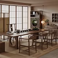 Traditional Japanese Tea Room Interior With Long Wooden Table Chairs And Shoji Screen