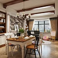 Cozy Family Restaurant Interior with Dining Table Chairs Fireplace Piano Bookshelves and Wooden Flooring