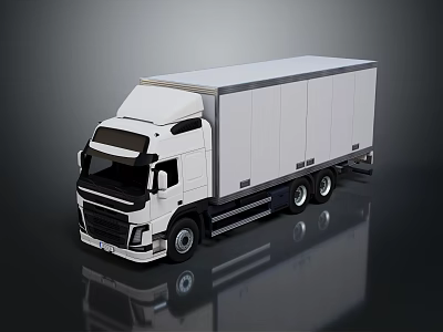 White Modern Box Truck with Aerodynamic Cab and Large Cargo Trailer on Dark Reflective Surface 3d model