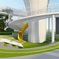 Modern Children's Play Area With Umbrella Shaped Structure Circular Walkways Green Lawns And Trees