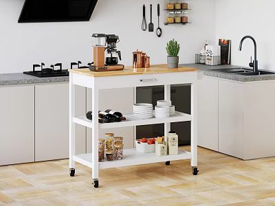 Commercial Kitchen Equipment Wheeled Cart With Wooden Top And Multi Tier Storage Shelves 3d model
