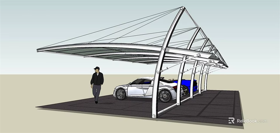 Modern Carport Structure With Metal Frame Transparent Roof And White Sports Car 3d model 