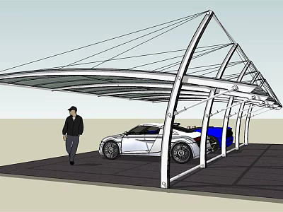 Modern Carport Structure With Metal Frame Transparent Roof And White Sports Car 3d model