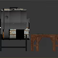 Outdoor Barbecue Grill With Metal Frame And Wooden Table Topped With White Plate