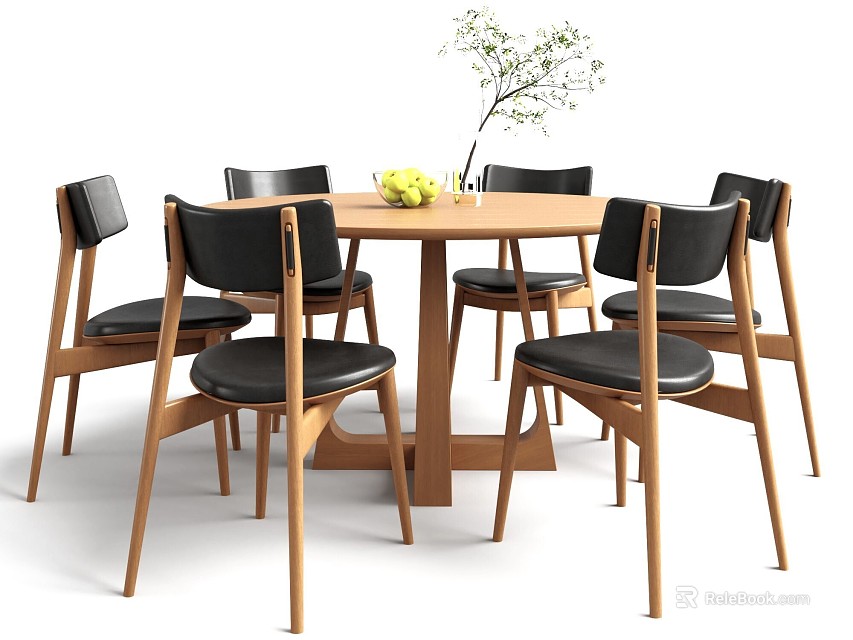 Round Wooden Dining Table Featuring Six Black Padded Chairs And Vase With Plant And Fruits 3d model 