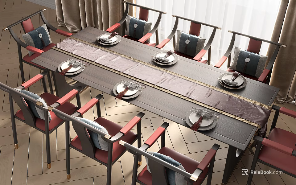 Elegant Dining Table Set With Red Gray Chairs Wooden Table Plates And Table Runner 3d model