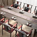 Elegant Dining Table Set With Red Gray Chairs Wooden Table Plates And Table Runner 3d model