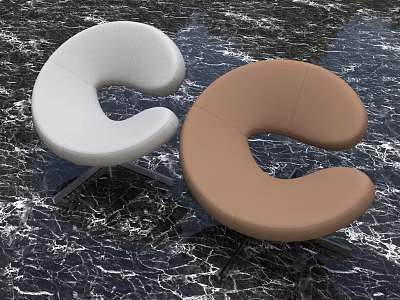Modern C Shaped White and Brown Stools with Metal Base on Marble Textured Floor 3d model
