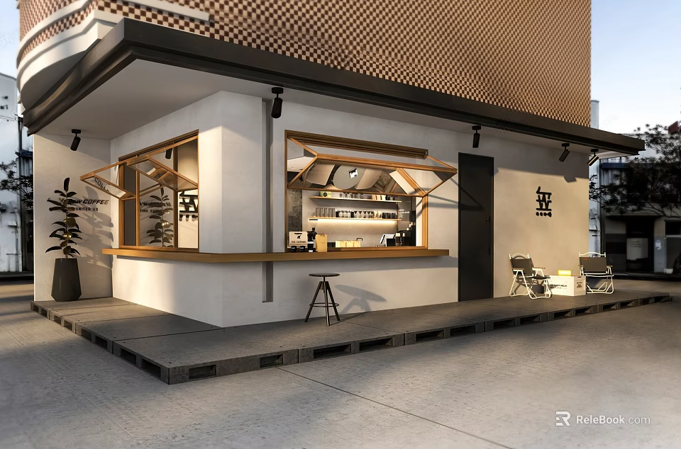 Modern Cafe Exterior With Large Windows Awning Outdoor Seating And Wooden Counter 3d model 