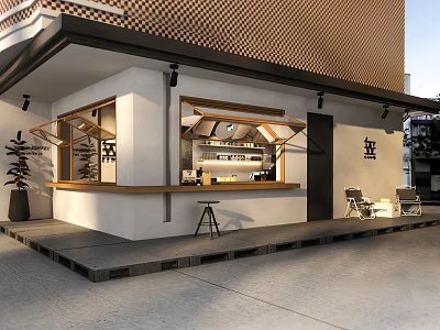 Modern Cafe Exterior With Large Windows Awning Outdoor Seating And Wooden Counter 3d model