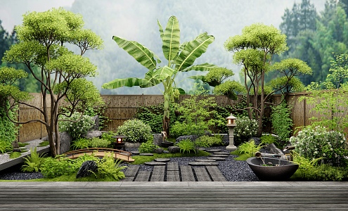 Japanese-style dry landscape courtyard garden Tingbu landscape stone bridge plant landscape flowers and plants combination water bowl waterscape landscape tree 3d model