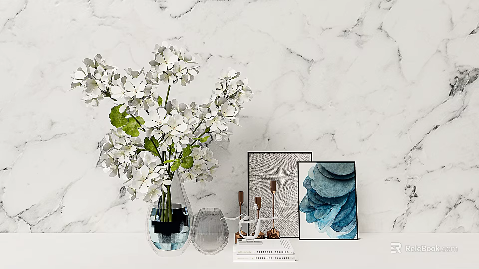 Modern Minimalist Ornamental Set with White Flower Bouquet Clear Vase Picture Frames and Blue Art 3d model 