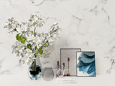 Modern Minimalist Ornamental Set with White Flower Bouquet Clear Vase Picture Frames and Blue Art 3d model