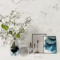 Modern Minimalist Ornamental Set with White Flower Bouquet Clear Vase Picture Frames and Blue Art