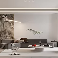 Modern Living Dining Room With Gray Sofa Marble Wall Round Coffee Table And Green Plant