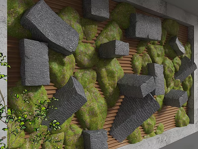 Decorative Background Wall with Gray Stones Green Moss and Wooden Strips 3d model