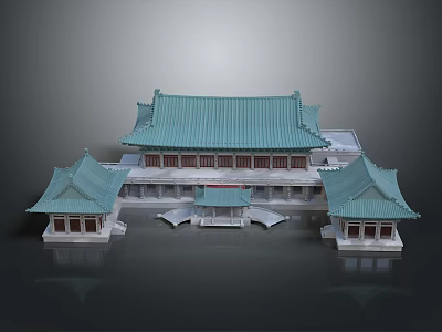 Chinese Traditional Architecture With Green Roof And Symmetrical Pavilion Structures 3d model
