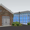 Scenic View of Large Greenhouse Structure With Adjacent Water Pool Small Buildings and Green Plants